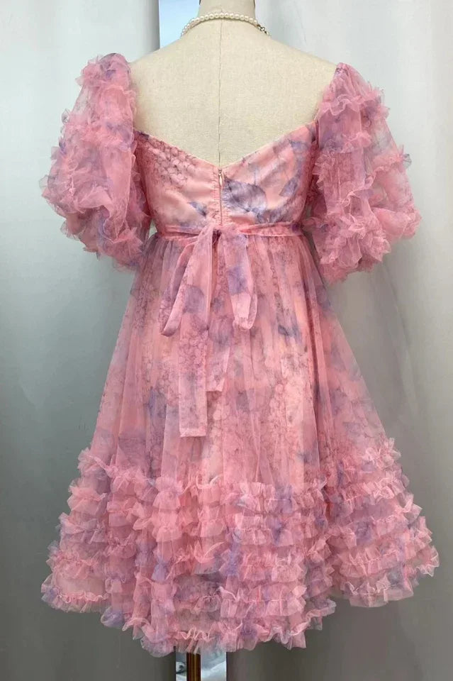 Floral print puff sleeve mini dress with sweetheart neckline and bow detail - View 6 | TEVQA