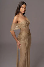 Gold Draped Metallic Maxi Dress - TEVQA