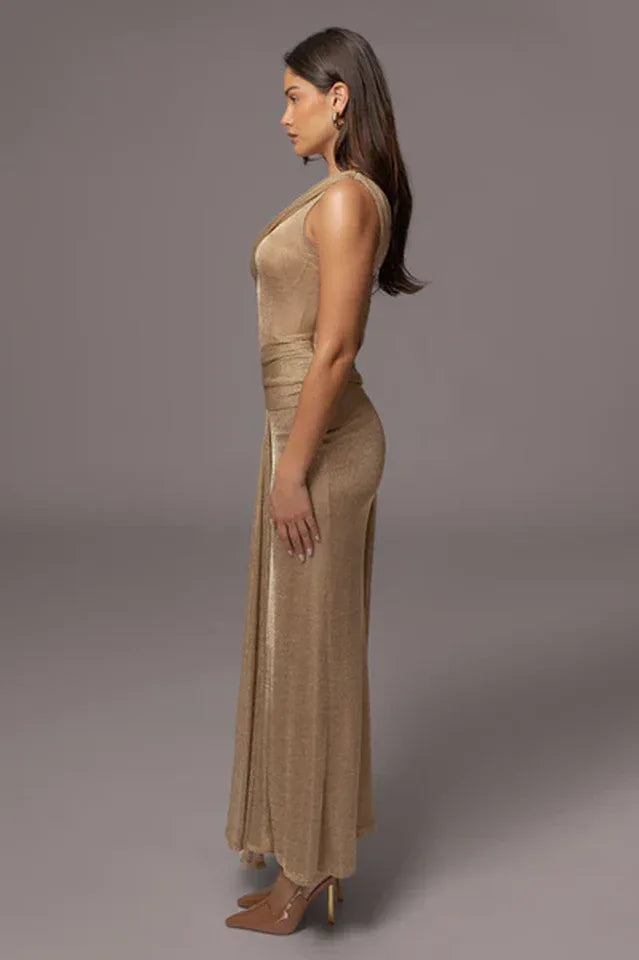 Gold Draped Metallic Maxi Dress - TEVQA