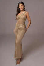 Gold Draped Metallic Maxi Dress - TEVQA