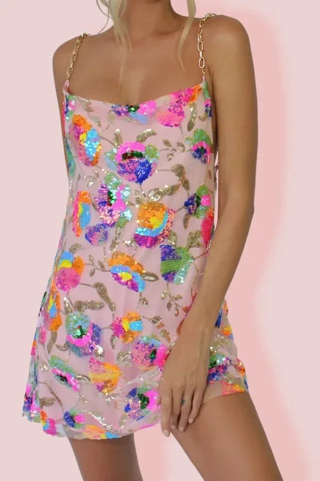 Sequined Mini Dress with Chain Straps - View 7 | TEVQA