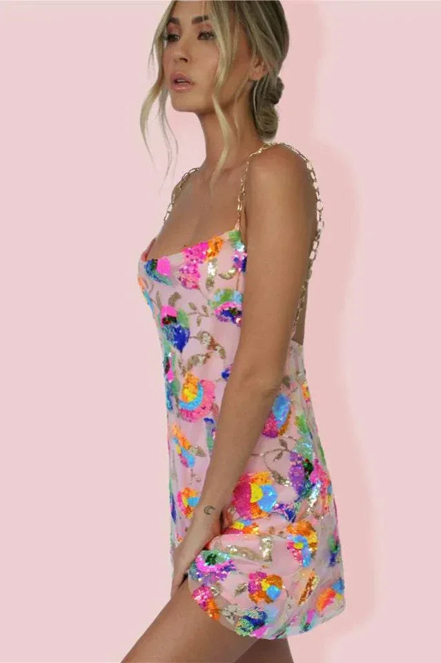 Sequined Mini Dress with Chain Straps - View 8 | TEVQA
