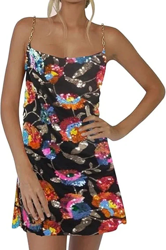 Sequined Mini Dress with Chain Straps - View 11 | TEVQA