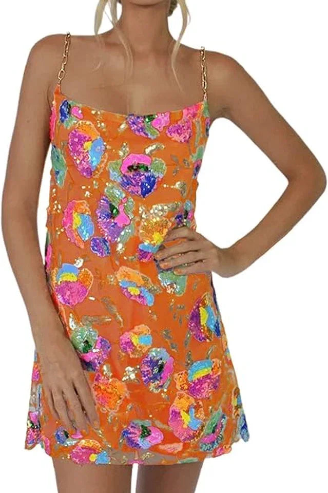Sequined Mini Dress with Chain Straps - View 6 | TEVQA