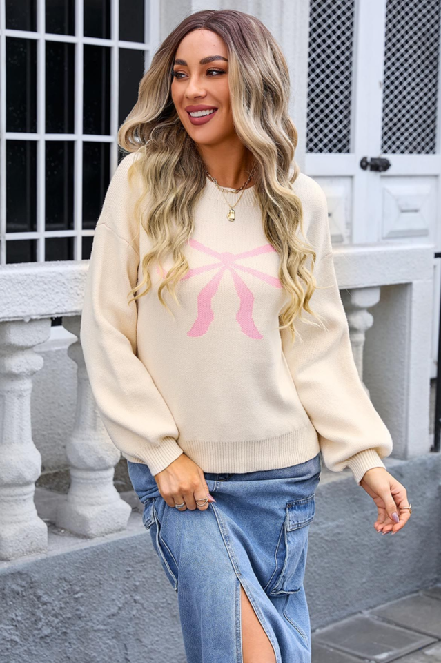 Ribbon Bowknot Pattern Jacquard Knit Sweater | Dress In Beauty