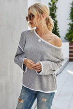 Oatmeal Cream Contrast Trim Fringe Knit Sweater - View 6 | TEVQA