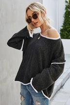 Oatmeal Cream Contrast Trim Fringe Knit Sweater - View 8 | TEVQA