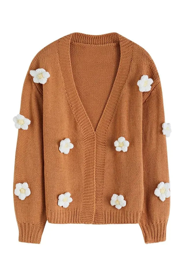 Camel 3D Floral Lantern Sleeve Cardigan - View 6 | TEVQA