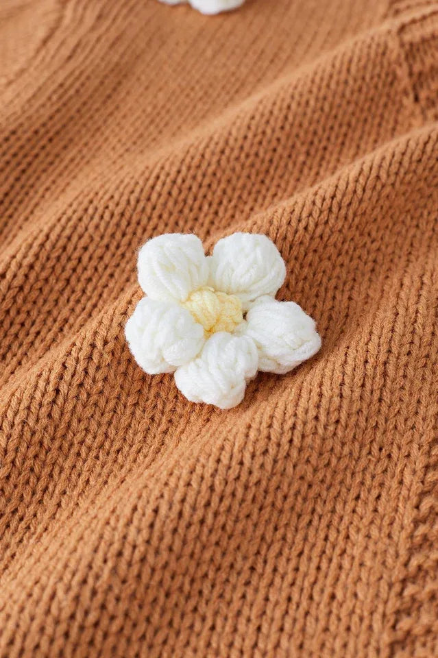 Camel 3D Floral Lantern Sleeve Cardigan - View 8 | TEVQA
