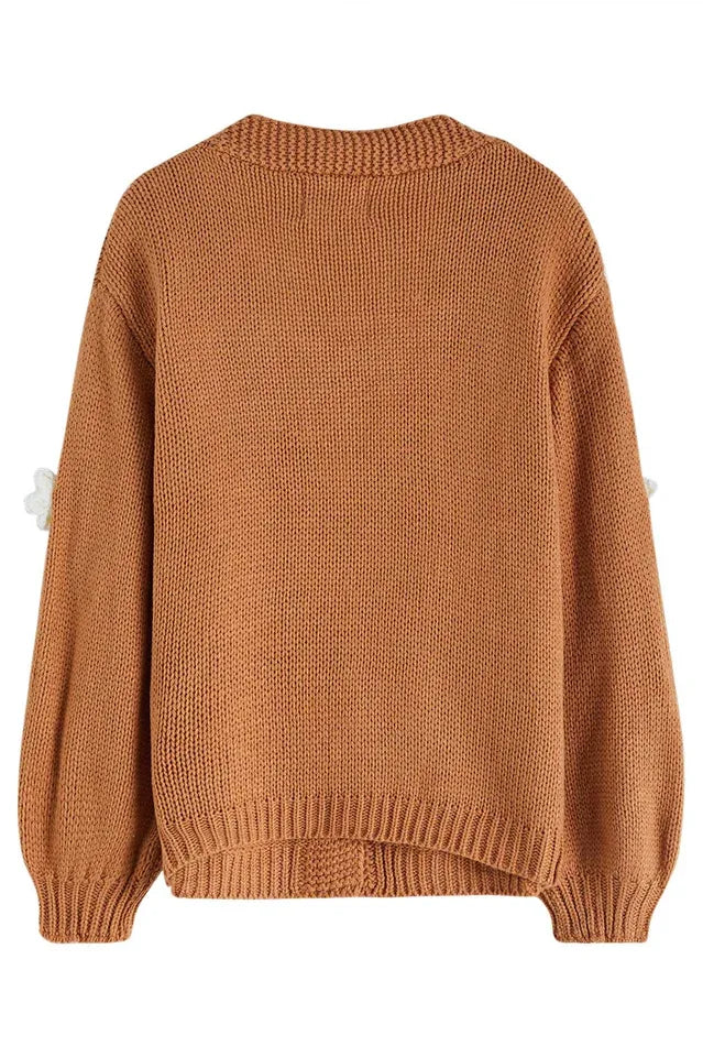 Camel 3D Floral Lantern Sleeve Cardigan - View 7 | TEVQA