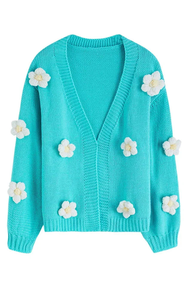 Camel 3D Floral Lantern Sleeve Cardigan - View 13 | TEVQA