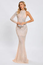 woman in a long, form-fitting, sheer, embellished dress with one long sleeve