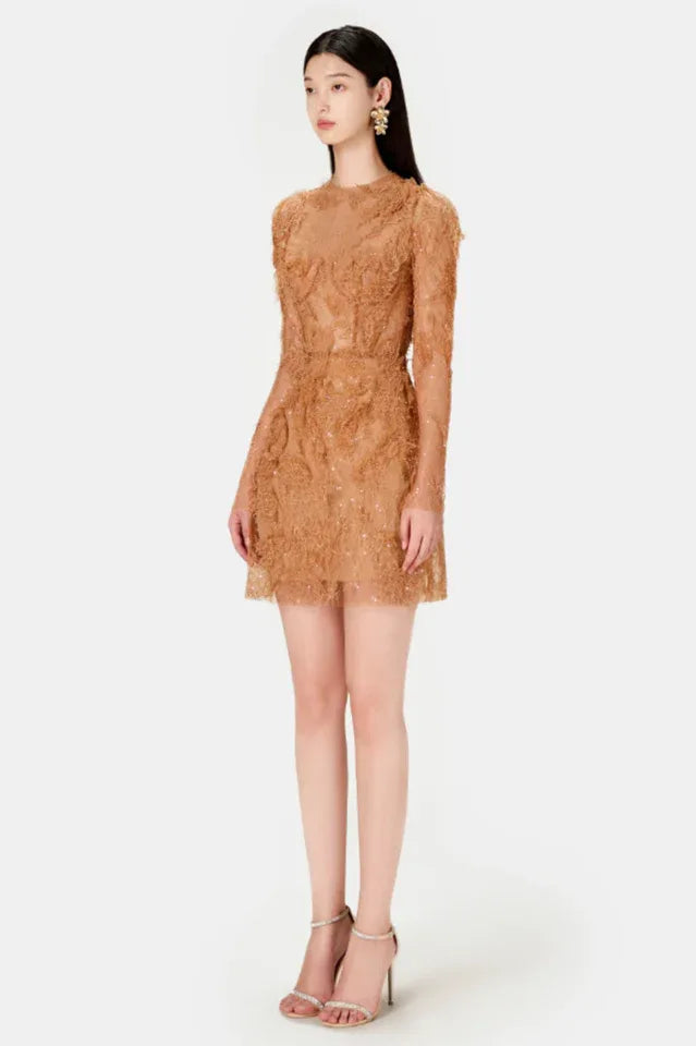 Side view of a model wearing a brown lace mini dress.