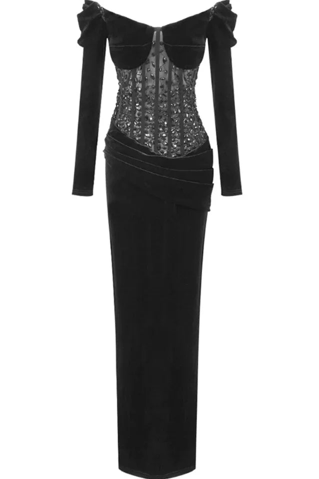 front view of a long black off-the-shoulder velvet dress with a sparkling corset bodice