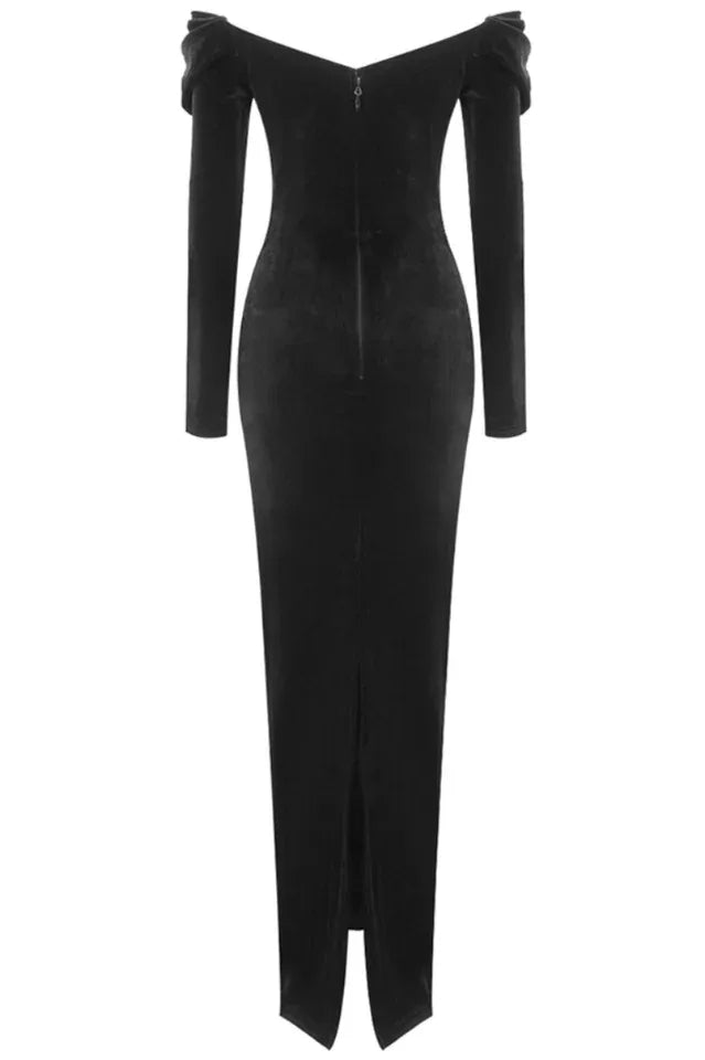 back view of a long black off-the-shoulder velvet dress with a sparkling corset bodice