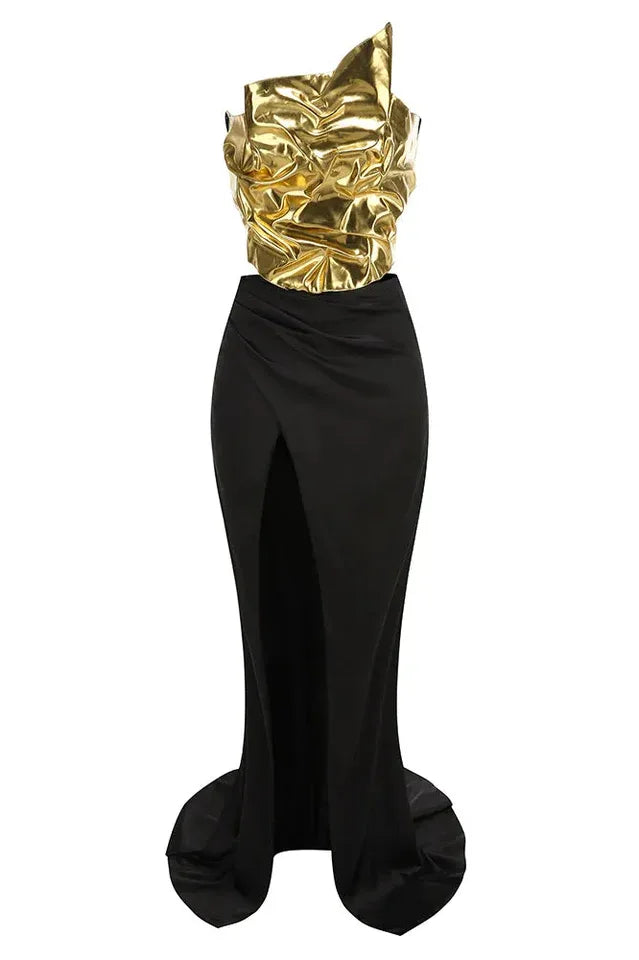 Zisel Ruched Split Satin Skirt Set - TEVQA