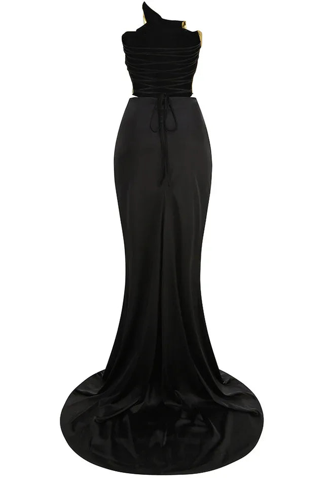 Zisel Ruched Split Satin Skirt Set - TEVQA