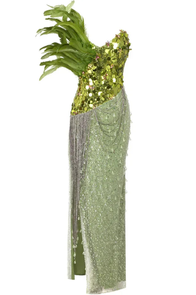 Qorow Feather Trimmed Crystal Chain Fringe Maxi Dress - View 8 | TEVQA