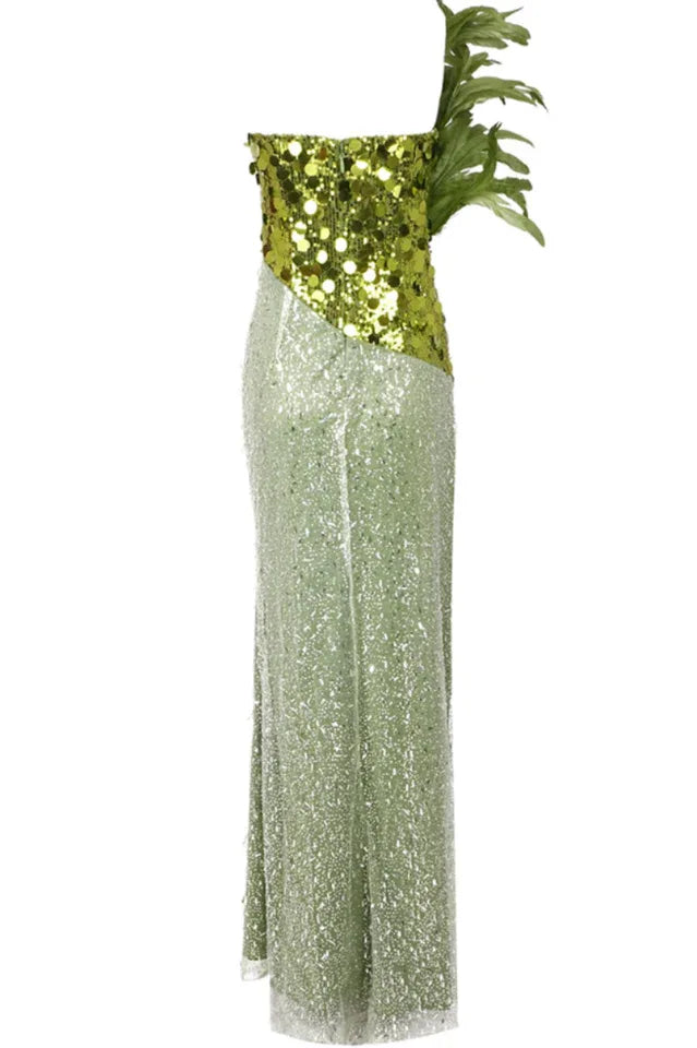 Qorow Feather Trimmed Crystal Chain Fringe Maxi Dress - View 9 | TEVQA