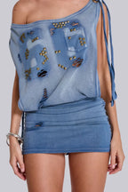 Distressed studded denim mini dress with asymmetrical one-shoulder design - View 7 | TEVQA