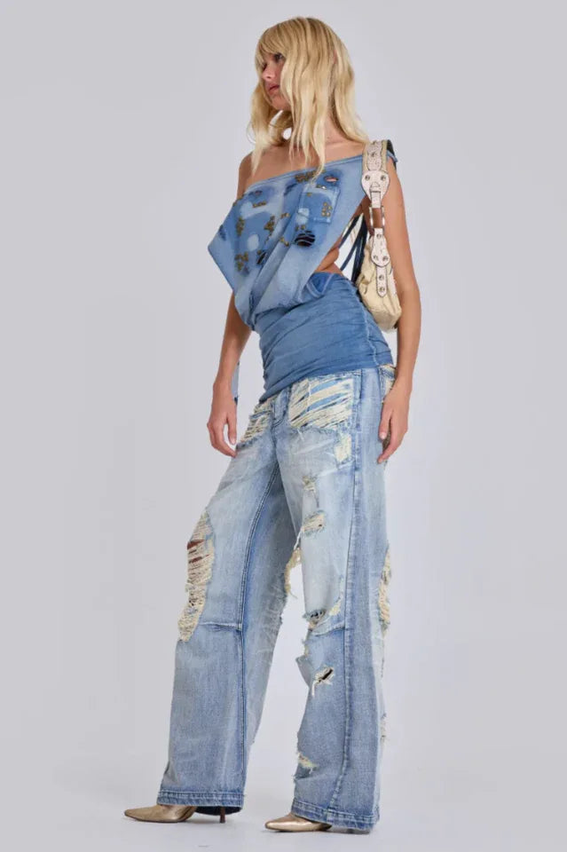 Distressed studded denim mini dress with asymmetrical one-shoulder design - View 8 | TEVQA