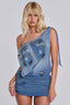 Woman wearing a distressed denim one-shoulder dress with cut-outs and stud embellishments.