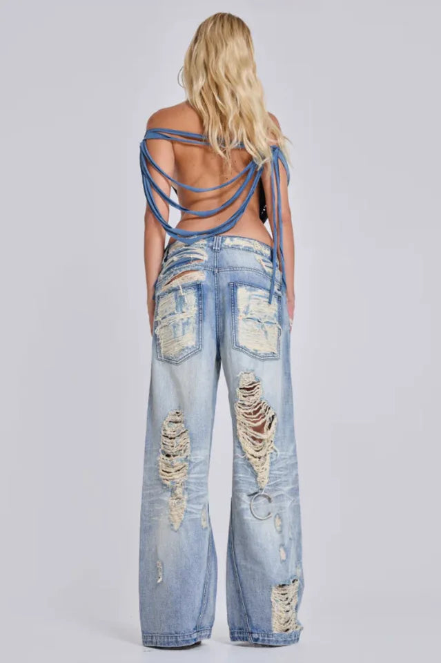Distressed studded denim mini dress with asymmetrical one-shoulder design - View 9 | TEVQA