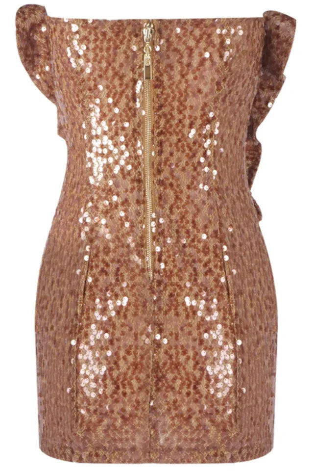 Strapless Sequin Floral Ruffle Dress - TEVQA