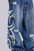 Wide leg denim jeans with graphic print - View 18 | TEVQA