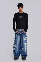 Wide leg denim jeans with graphic print - View 16 | TEVQA