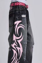 Wide leg denim jeans with graphic print - View 9 | TEVQA
