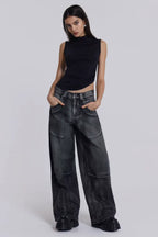 Wide leg denim jeans with graphic print - View 10 | TEVQA