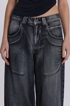 Wide leg denim jeans with graphic print - View 12 | TEVQA