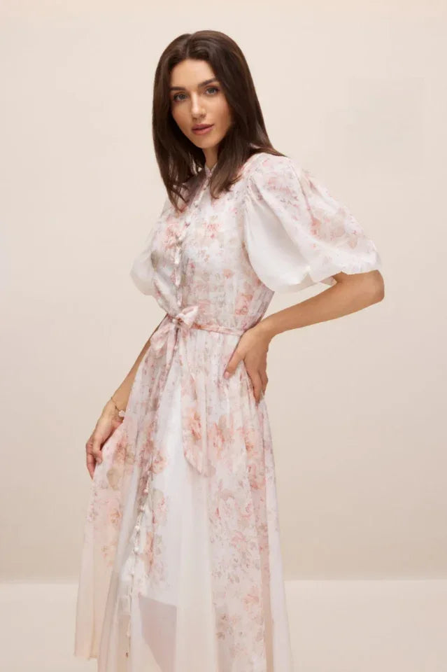 Woman posing in a floral print dress with sheer overlay.