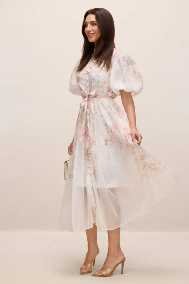 Floral Print Midi Dress with Puff Sleeves - View 6 | TEVQA