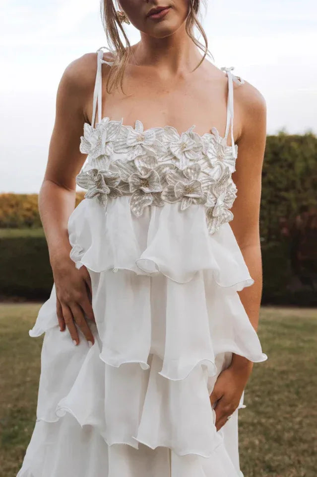 Clara Diamante Flower Tiered Slip Dress - View 12 | TEVQA