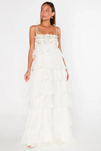 Clara Diamante Flower Tiered Slip Dress - View 10 | TEVQA