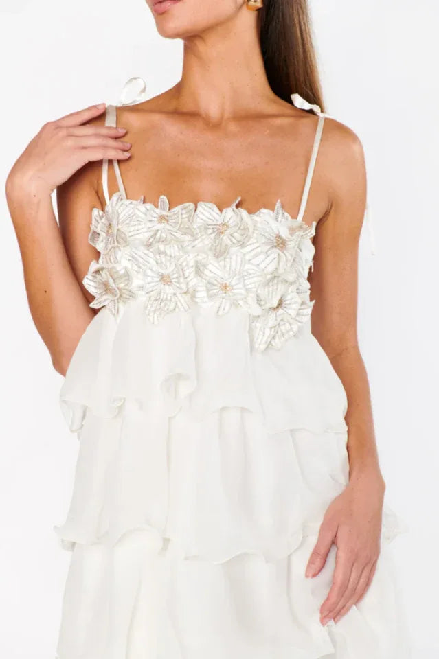 Clara Diamante Flower Tiered Slip Dress - View 14 | TEVQA