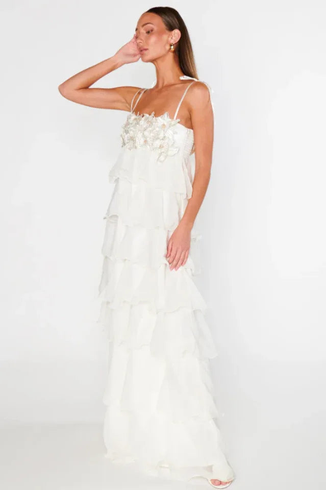 Clara Diamante Flower Tiered Slip Dress - View 11 | TEVQA