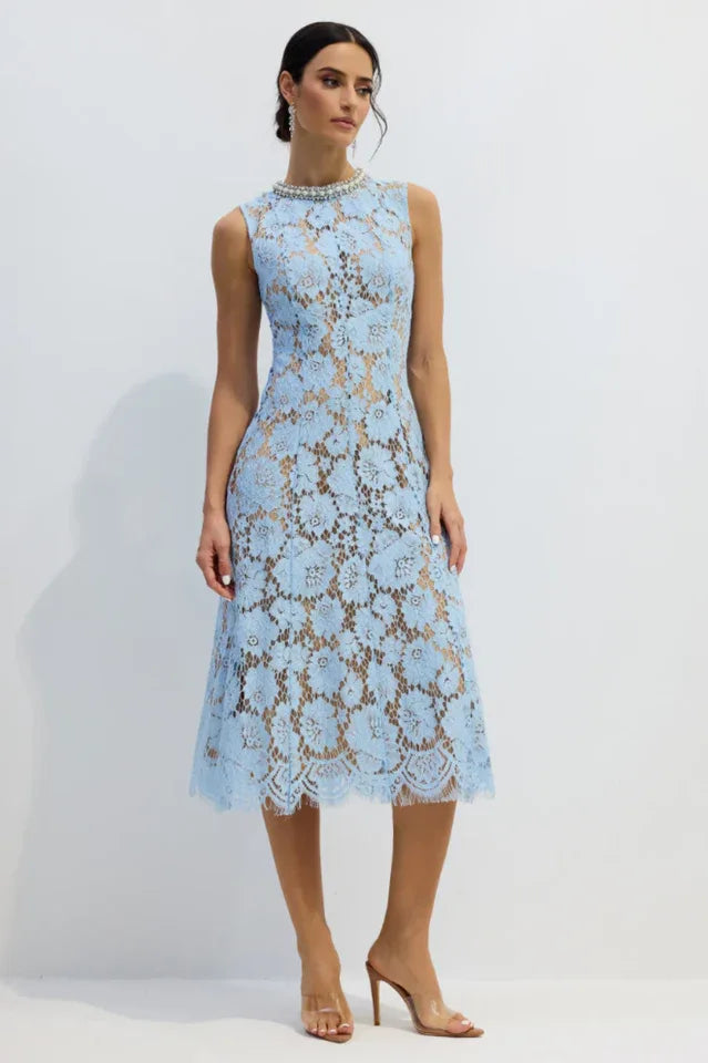 Ariana Floral Lace Sleeveless Midi Dress - TEVQA
