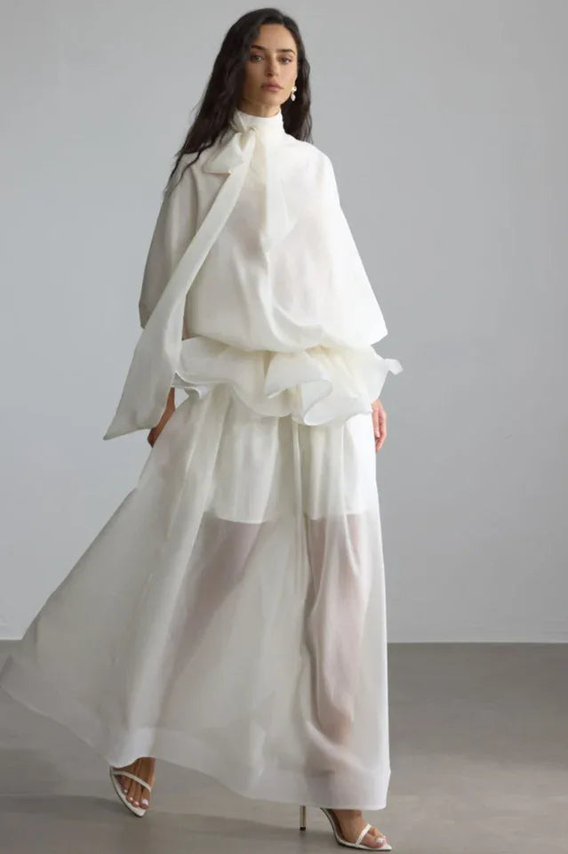 Semi-Sheer Maxi Dress with Tie Neck Secondary image