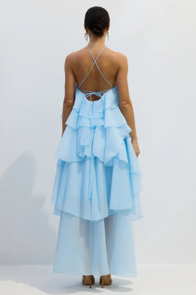 Halterneck Tiered Ruffle Maxi Dress - View 8 | TEVQA