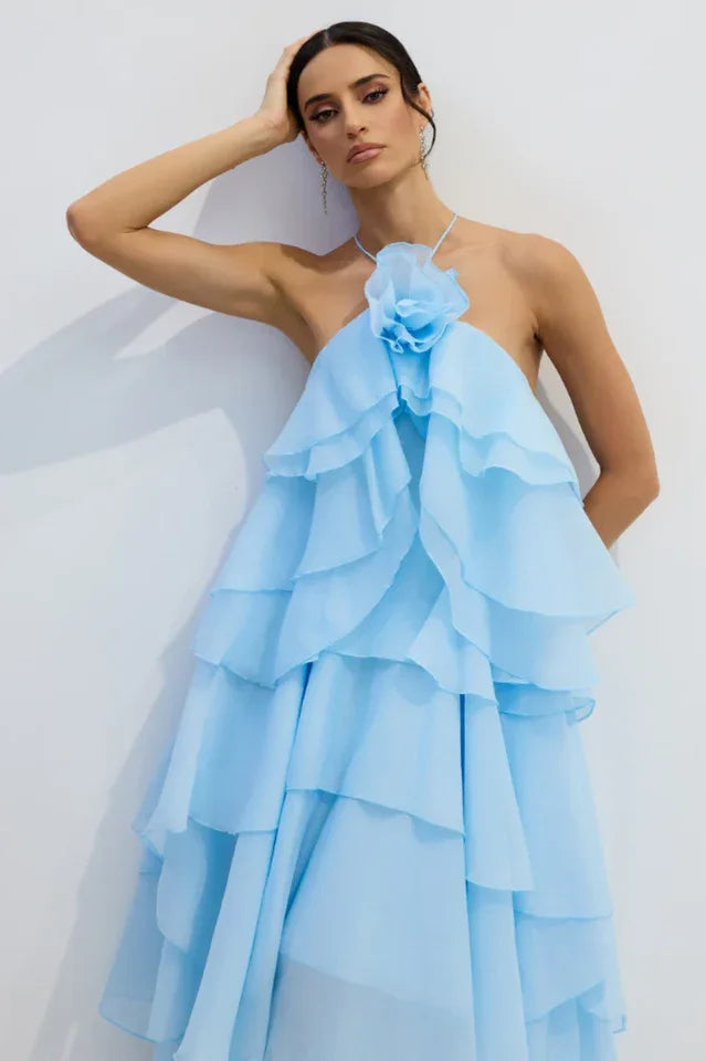 Halterneck Tiered Ruffle Maxi Dress - View 6 | TEVQA
