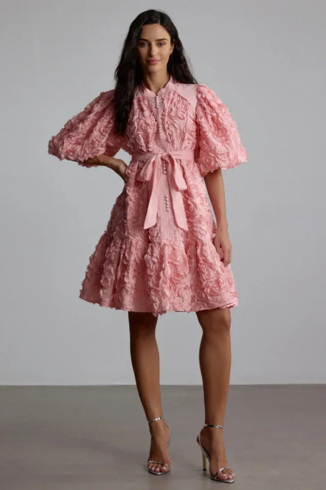 Full shot of a woman in a pink 3D floral applique dress with a collared neckline and a ruffle hem