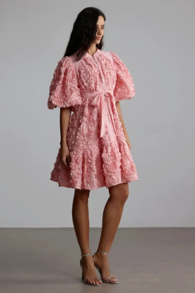 Model posing in a short pink textured dress with voluminous sleeves and a flared skirt