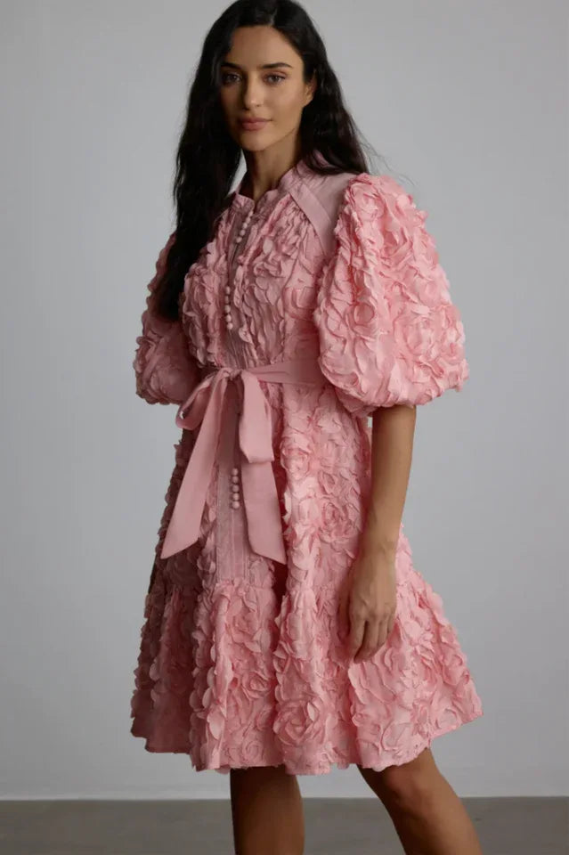 Woman wearing a pink textured dress with puff sleeves and a belted waist Main image