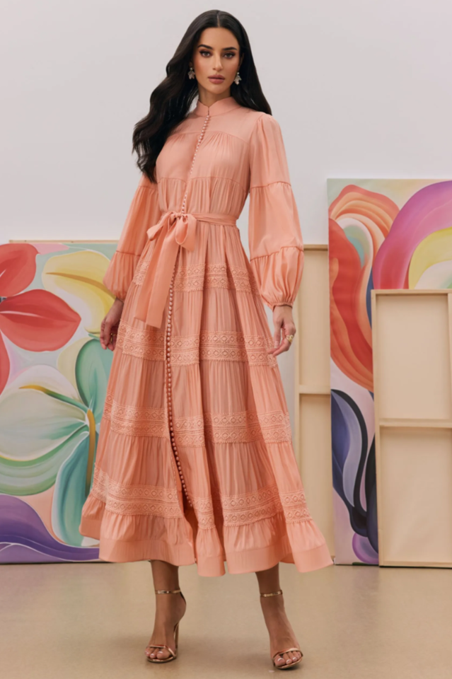 Sabina Stand Collar Lace Trim Maxi Dress | Dress In Beauty