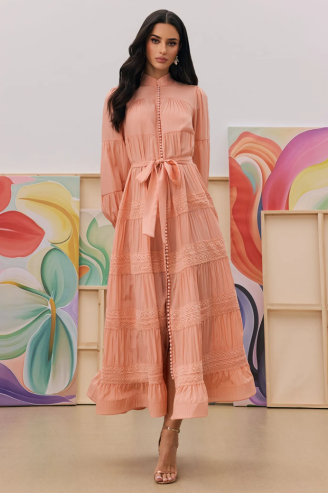 Sabina Stand Collar Lace Trim Maxi Dress | Dress In Beauty