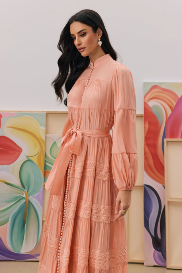 Sabina Stand Collar Lace Trim Maxi Dress | Dress In Beauty