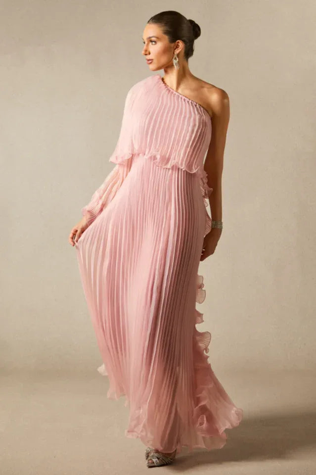Khloe One Shoulder Pleated Ruffle Maxi Dress - TEVQA Secondary image